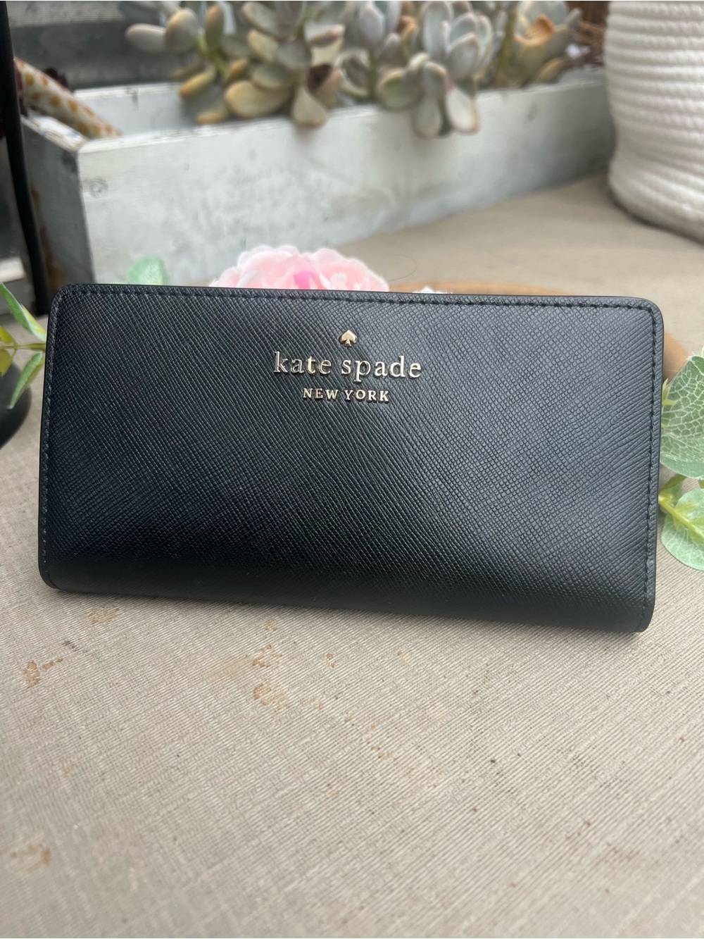 kate spade Black Saffiano Zip Continental Wallet with Gold Logo